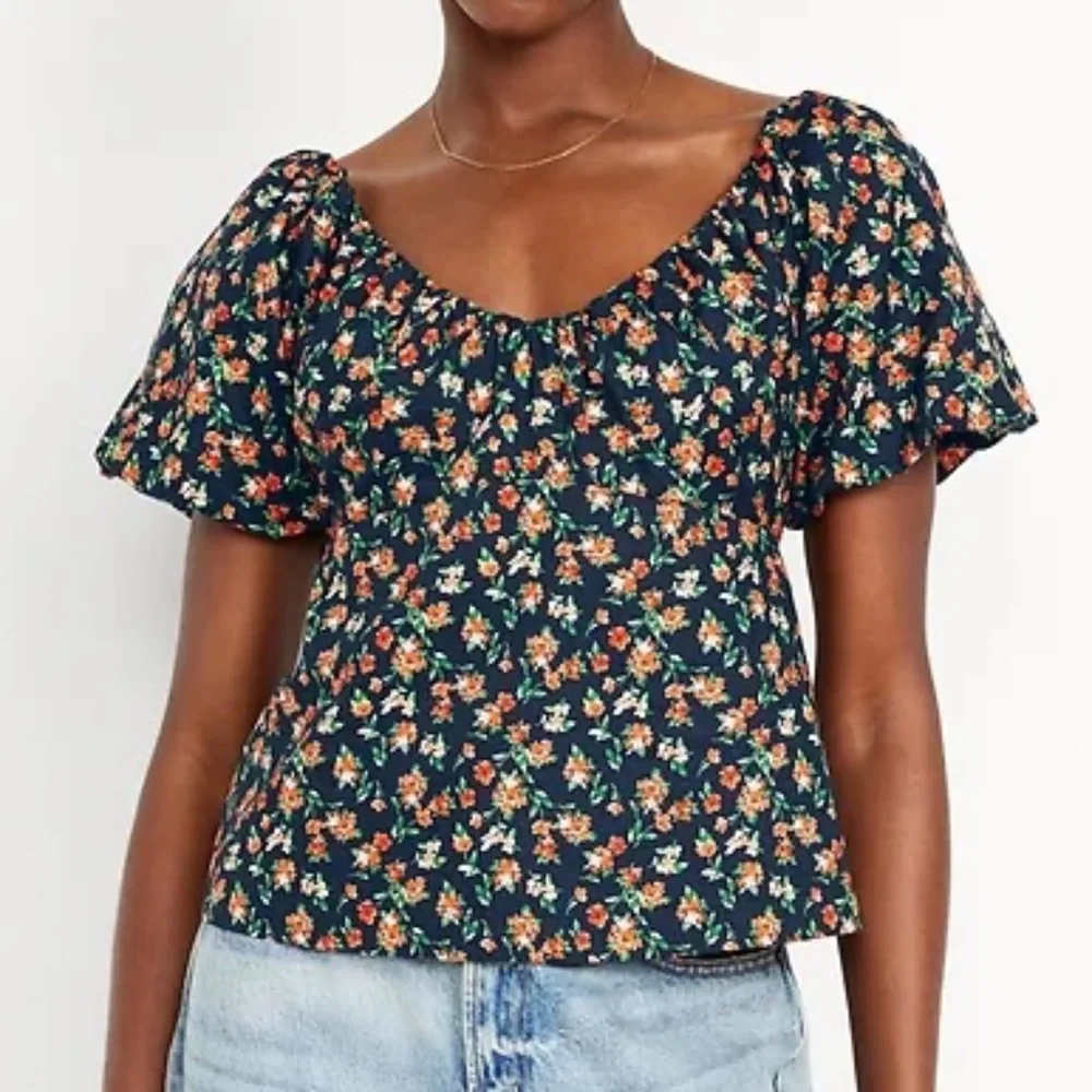 Old Navy Floral Cotton Puff Sleeve Babydoll Smocked Blouse Size XL Navy